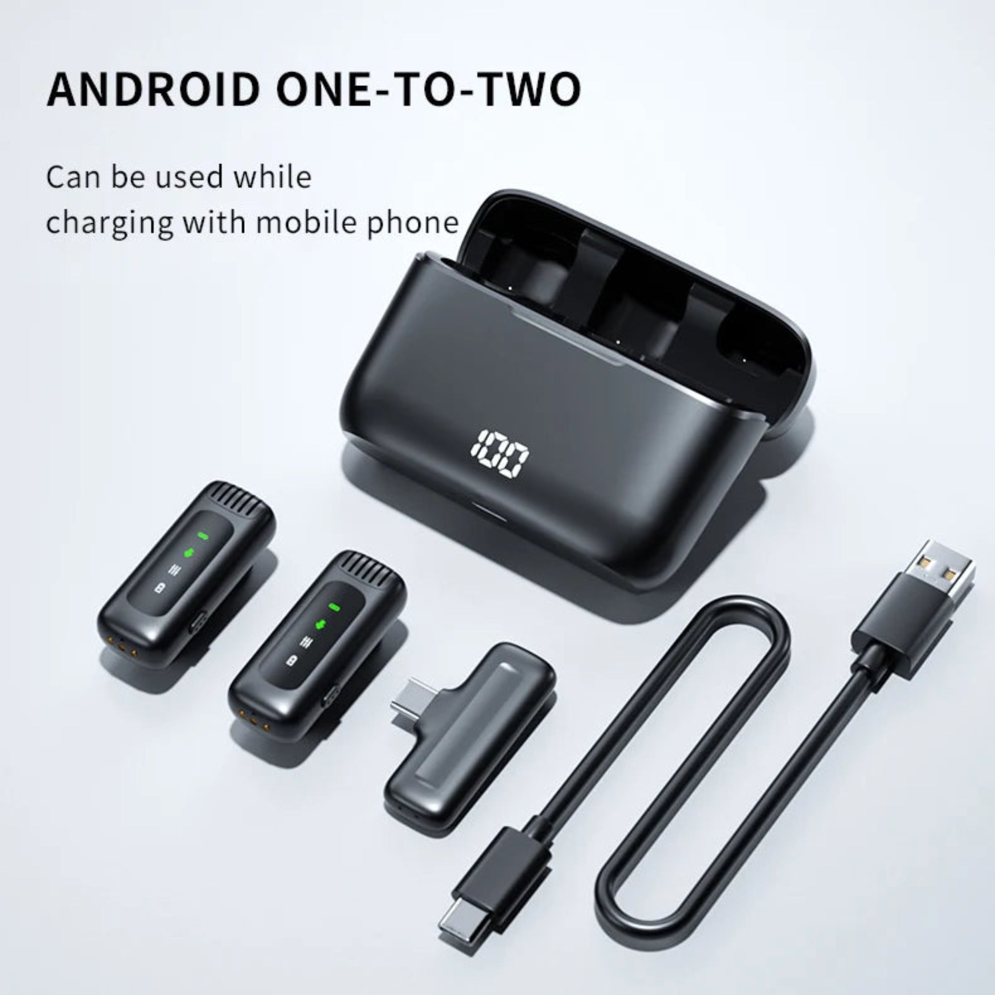 A set of wireless lavatorial microphone devices with charging indicators, housed in a black charging box with a digital display.