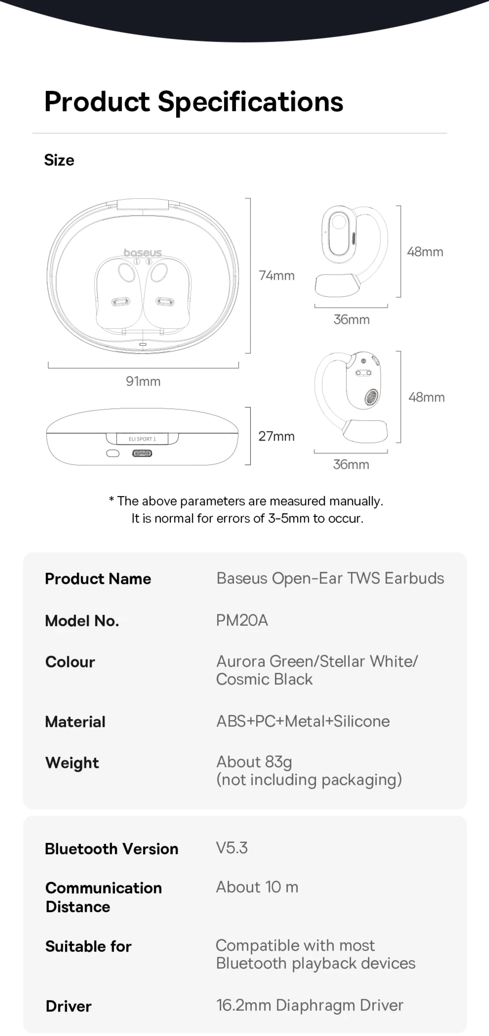Product specifications for Batsuu open-ear wireless earbuds including size, color, material, weight, Bluetooth version, communication distance, and driver details.