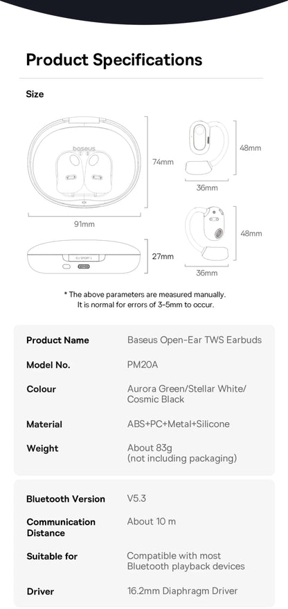 Product specifications for Batsuu open-ear wireless earbuds including size, color, material, weight, Bluetooth version, communication distance, and driver details.