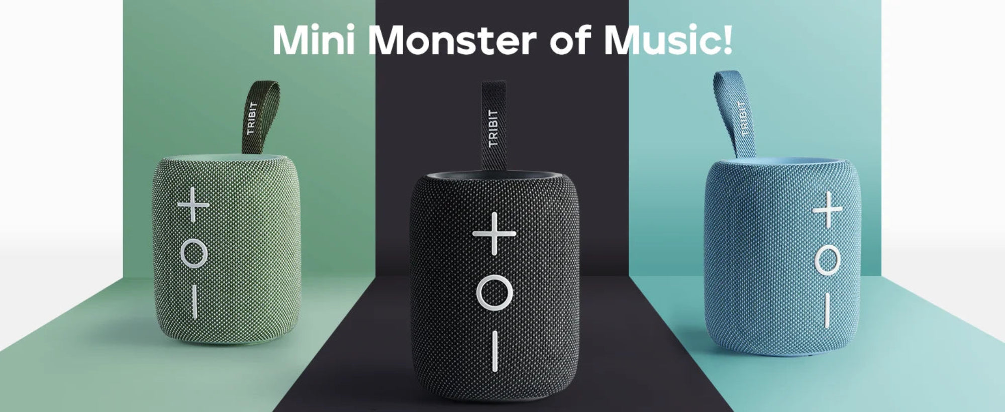 Three portable speakers with a brand logo on a green and black background, featuring text 'Mini Monster of Music!'.
