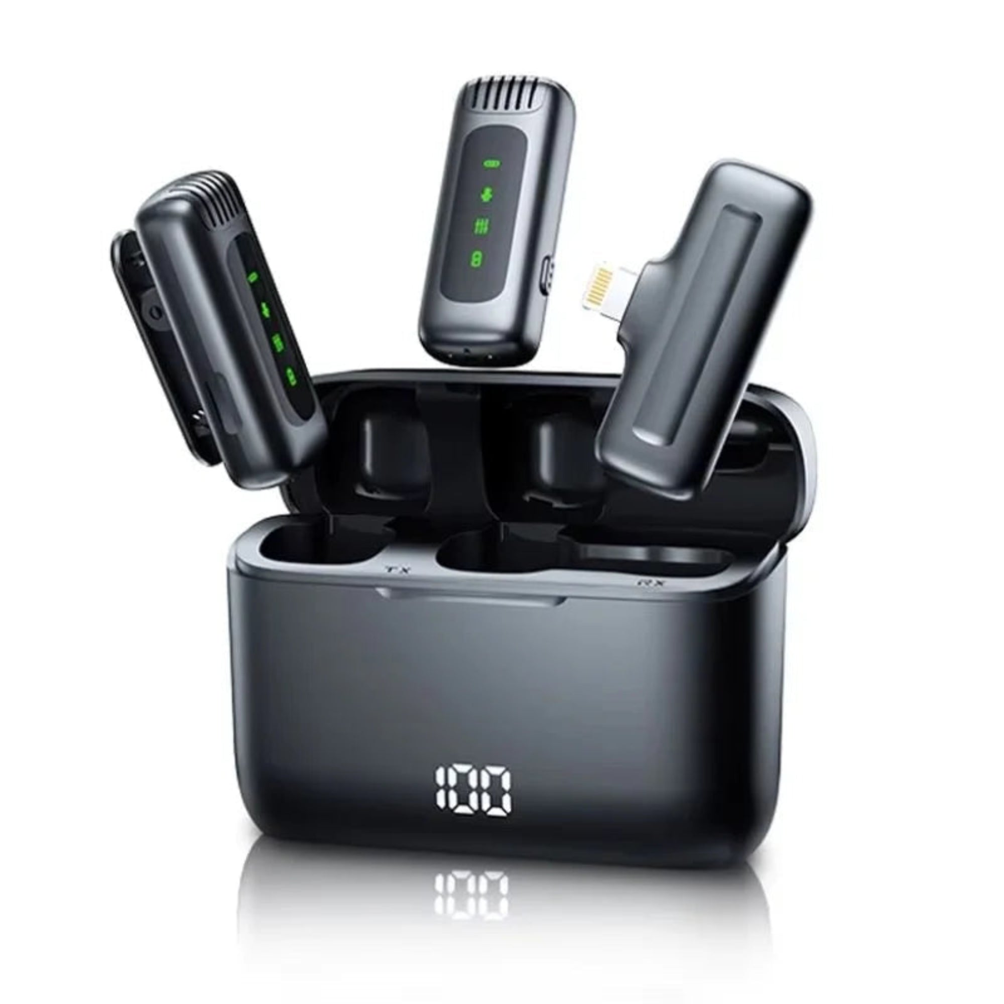 A set of wireless lavatorial microphone devices with charging indicators, housed in a black charging box with a digital display.