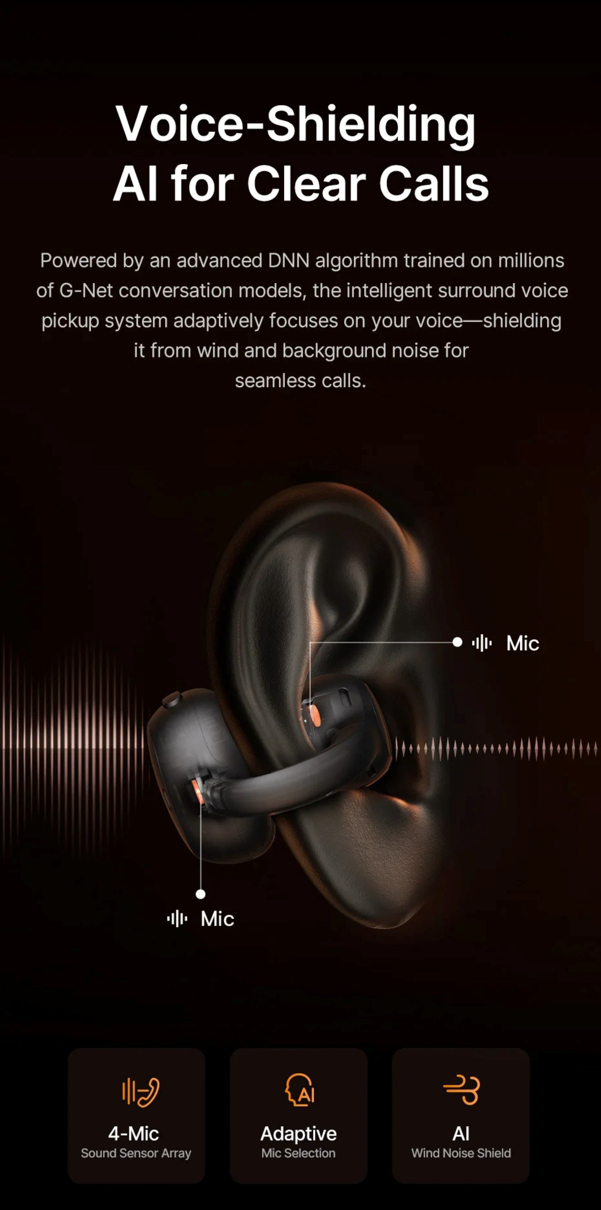 In-ear headphones with voice-shielding AI technology on a dark background