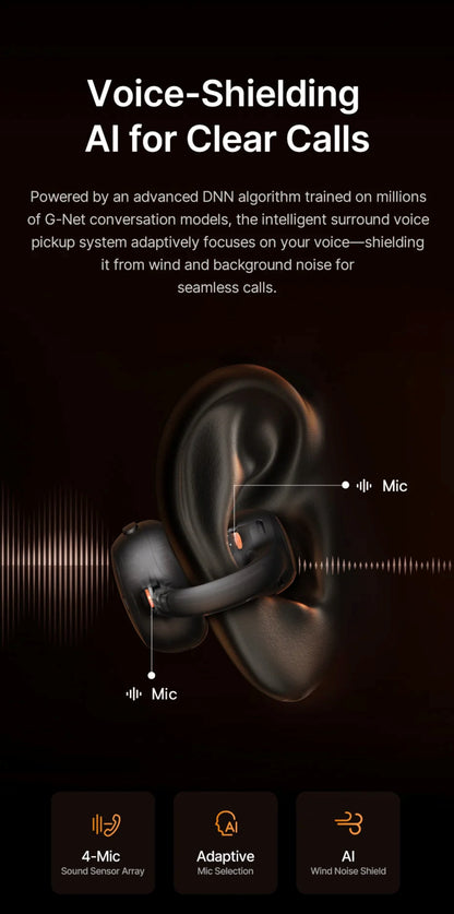 In-ear headphones with voice-shielding AI technology on a dark background