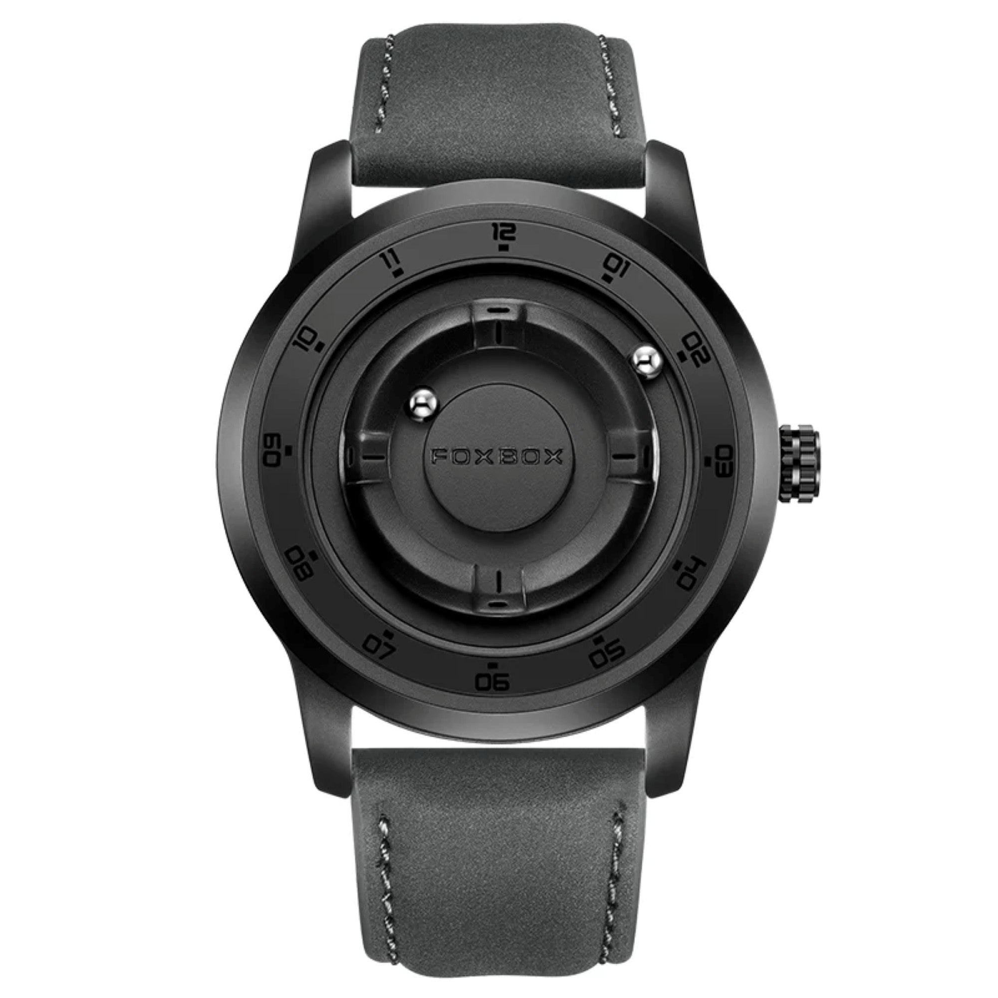 Black watch with gray leather strap on a white background