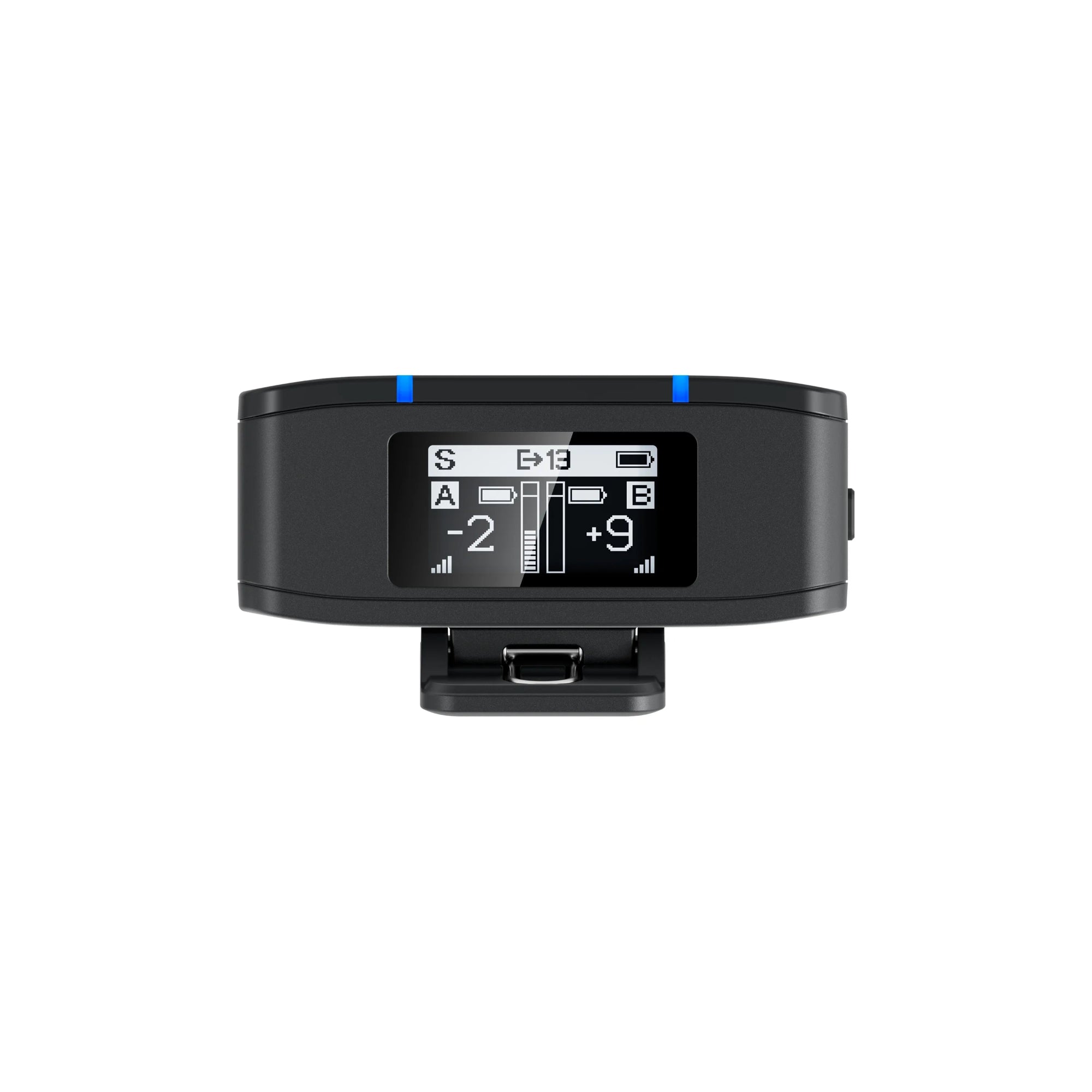 Black electronic device with digital display on a white background