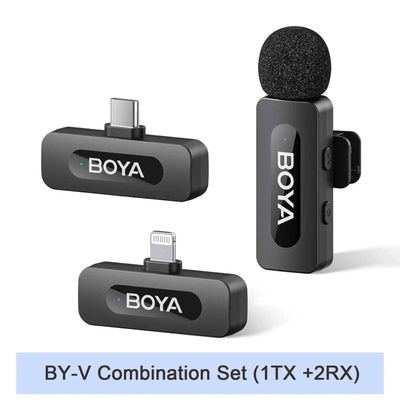 BOYA BY-V wireless microphone system with transmitter and receivers on a white background
