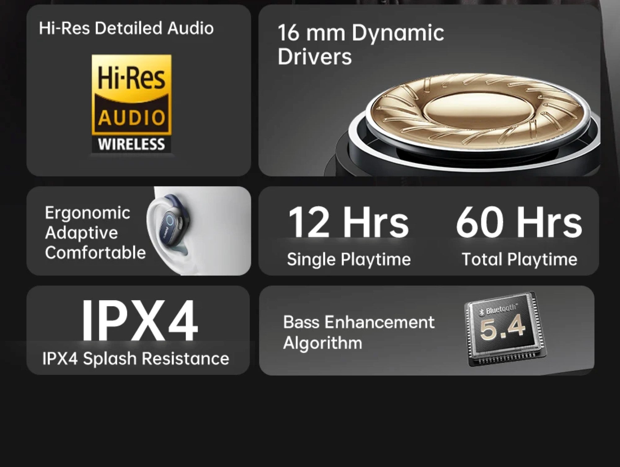 Product features including Hi-Res Audio, dynamic drivers, comfort design, playtime details, IPX4 resistance, and bass enhancement algorithm on a black background.