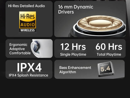 Product features including Hi-Res Audio, dynamic drivers, comfort design, playtime details, IPX4 resistance, and bass enhancement algorithm on a black background.