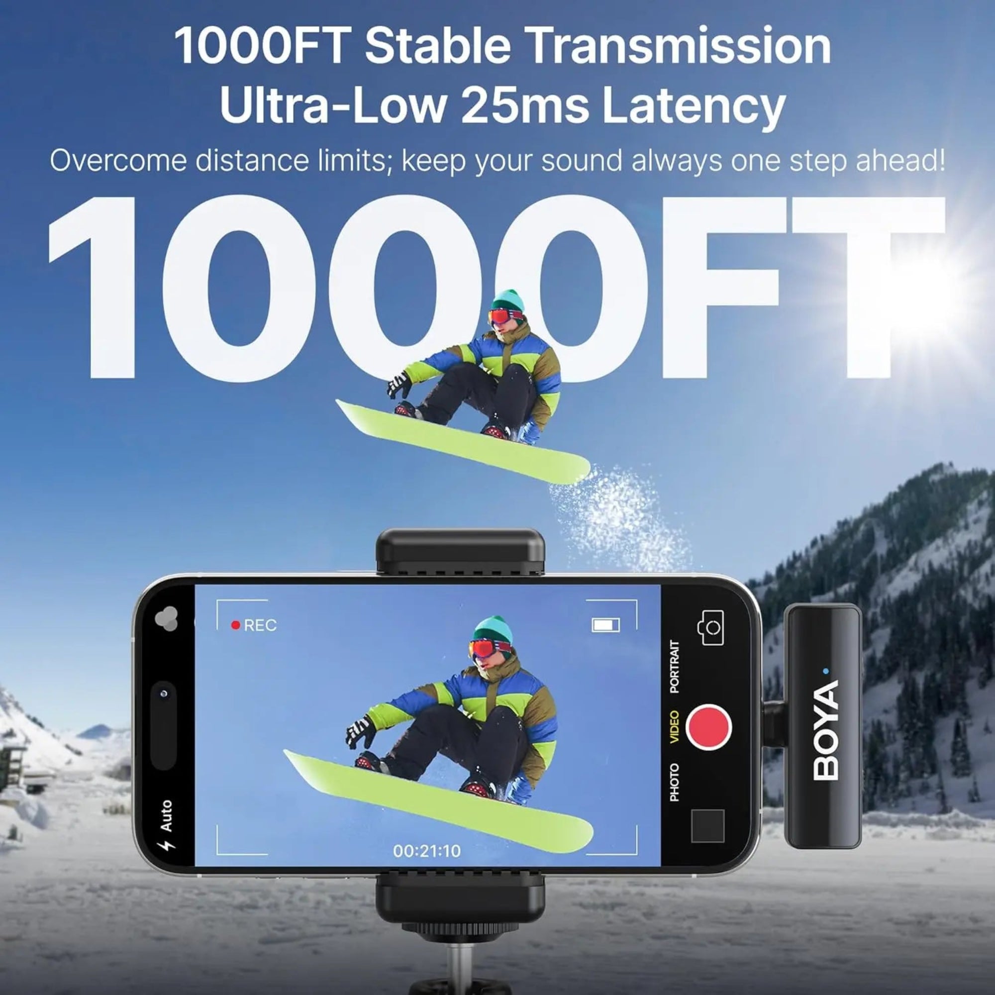 Person on a snowboard with a smartphone and BOYA microphone in a snowy landscape, featuring text about transmission distance and latency.