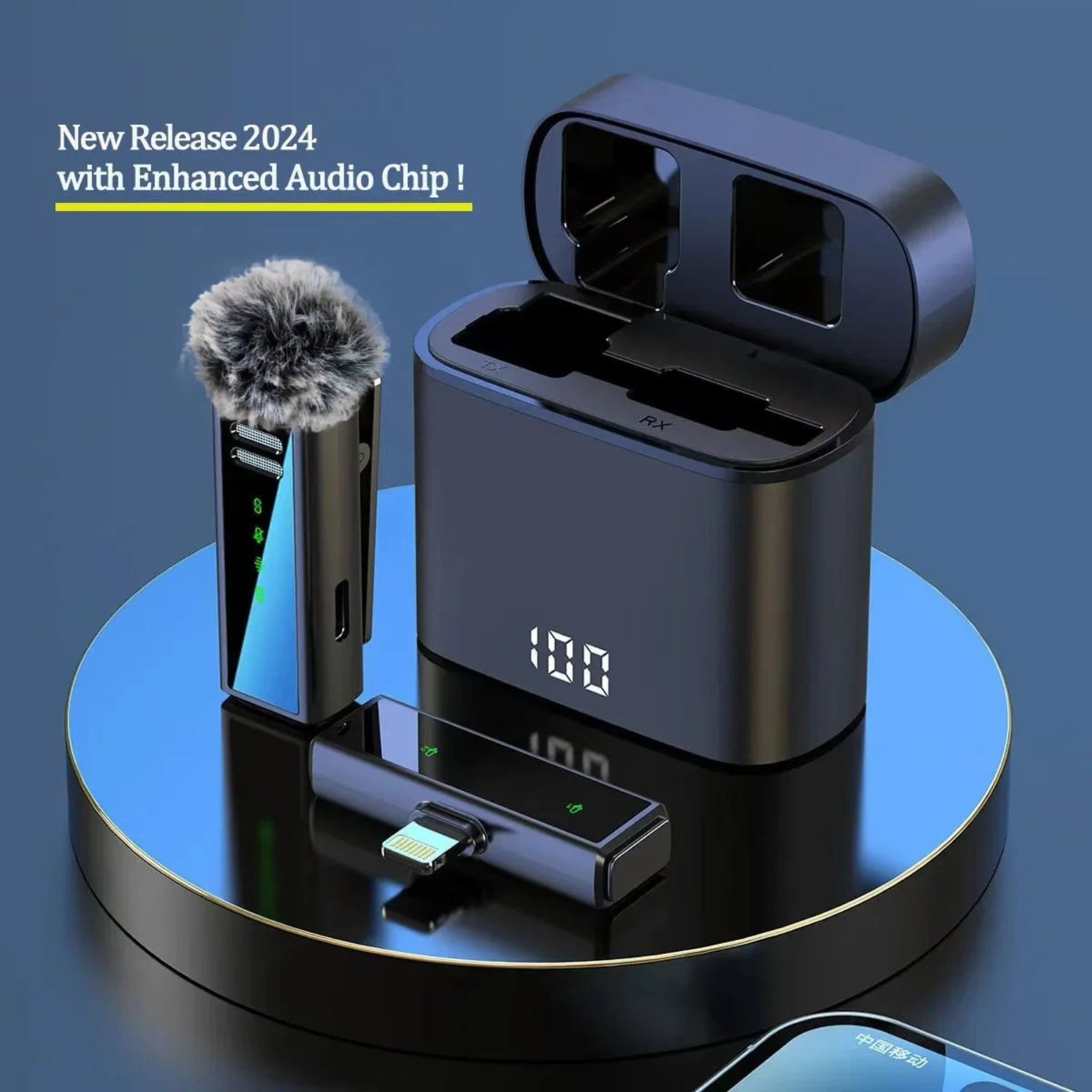 The image shows a wireless lavalier microphone set including a transmitter, a charging box, and a digital display showing battery life. The product is marketed as a new release with an enhanced audio chip.