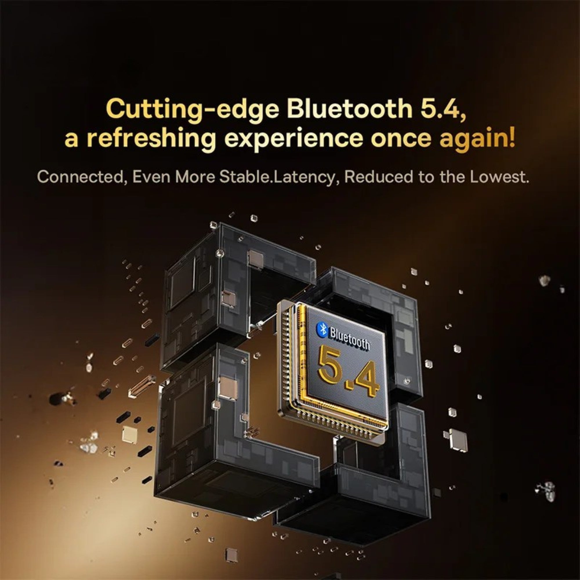 Bluetooth 5.4 chip with text highlighting its features on a dark background