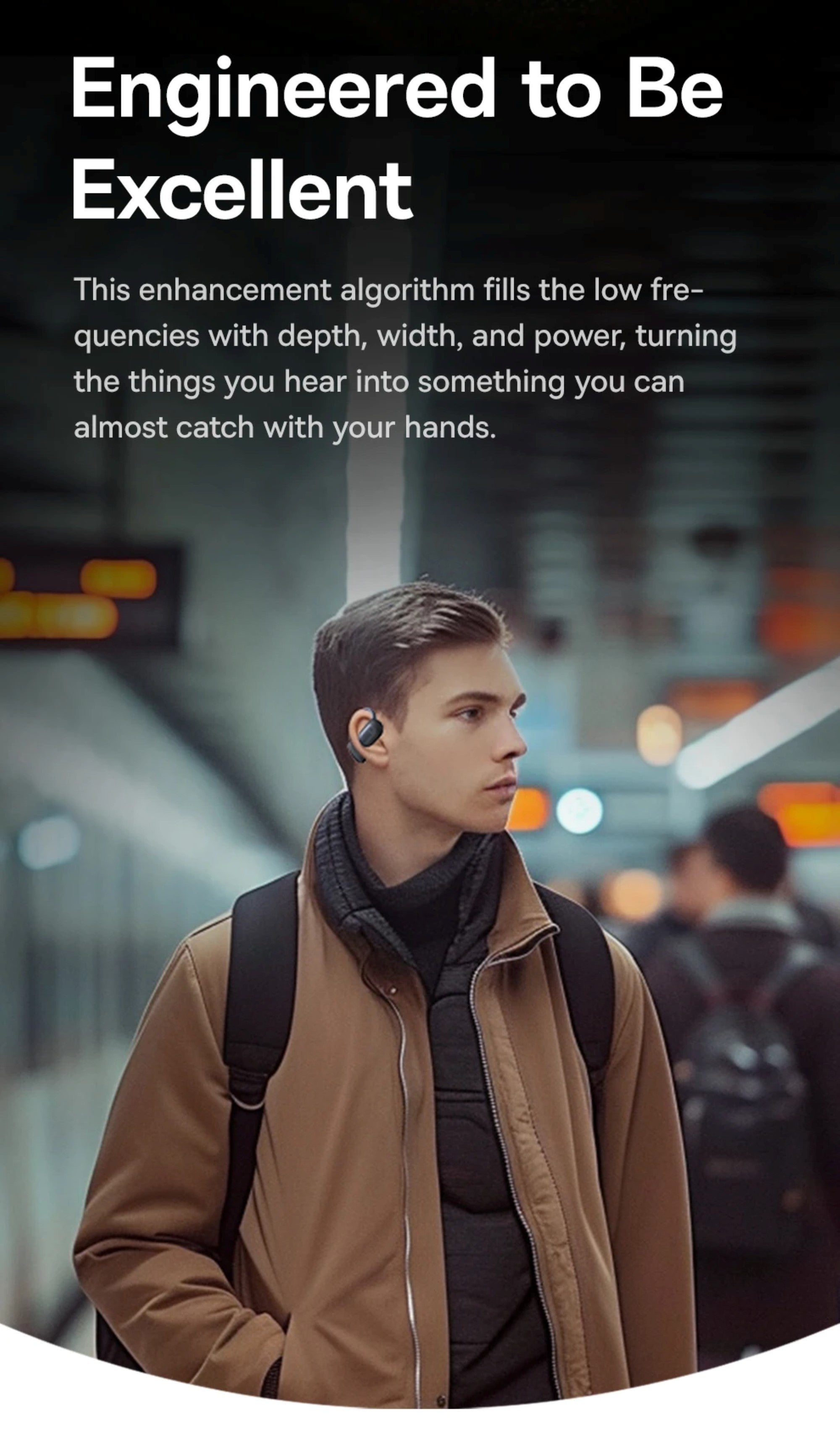 Man wearing a smart earbud in a subway setting with text about an enhancement algorithm.