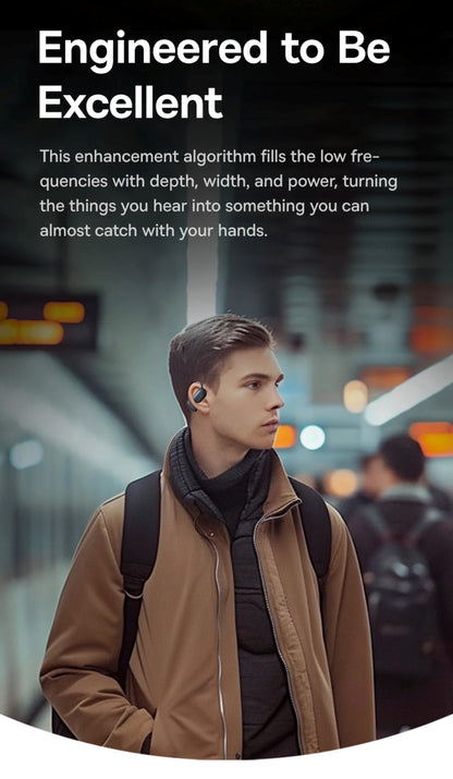 Man wearing a smart earbud in a subway setting with text about an enhancement algorithm.