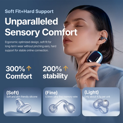 Person wearing wireless earbuds with text highlighting comfort and stability features on a blue background