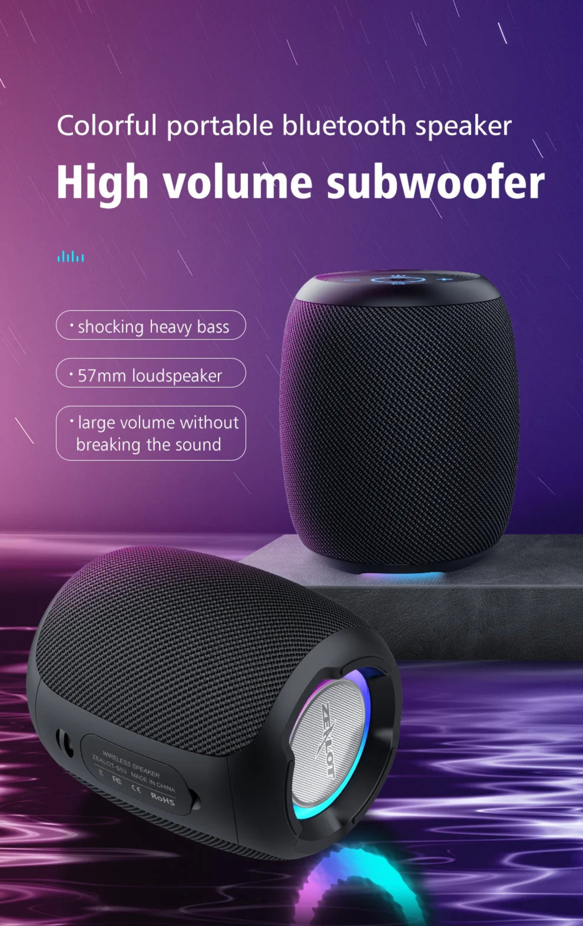 Black portable Bluetooth speaker with colorful lighting on a purple gradient background