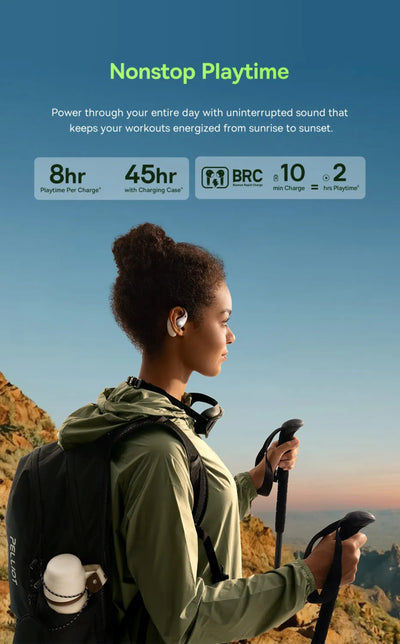 Person hiking with earbuds and a backpack, with promotional text for 'Nonstop Playtime' product.