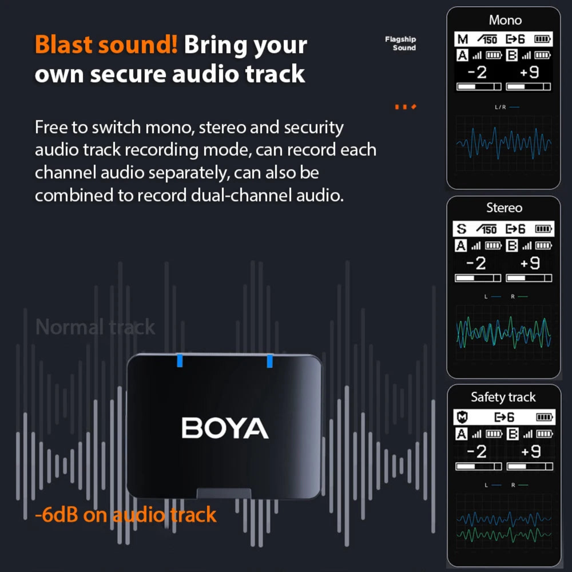 BOYA audio device with audio track display on a dark background