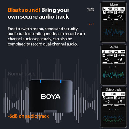BOYA audio device with audio track display on a dark background