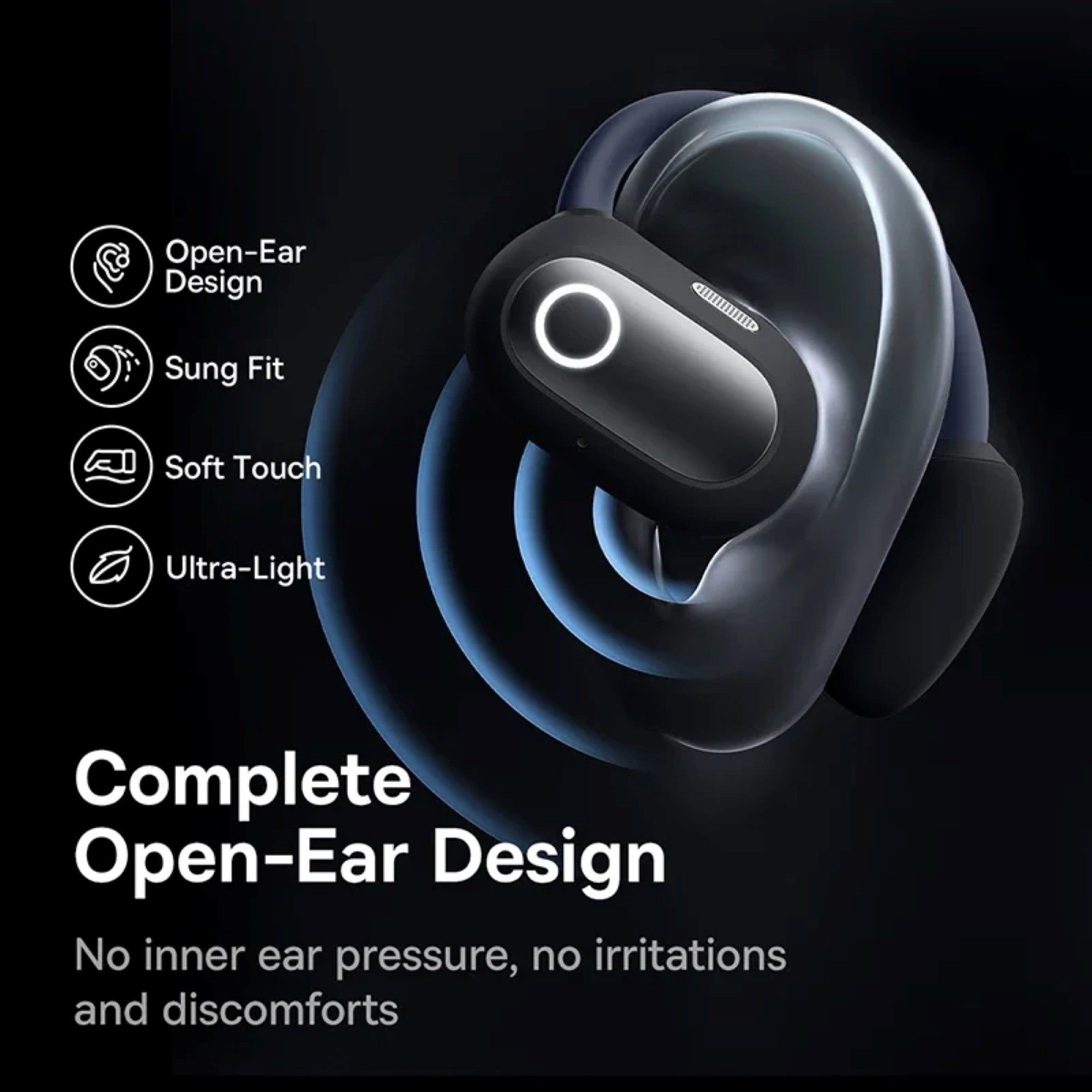 Black open-ear wireless earbuds with features listed on a dark background