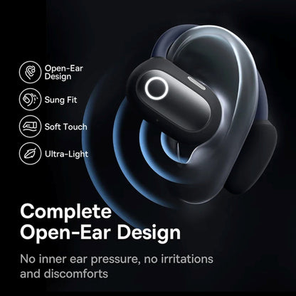 Black open-ear wireless earbuds with features listed on a dark background