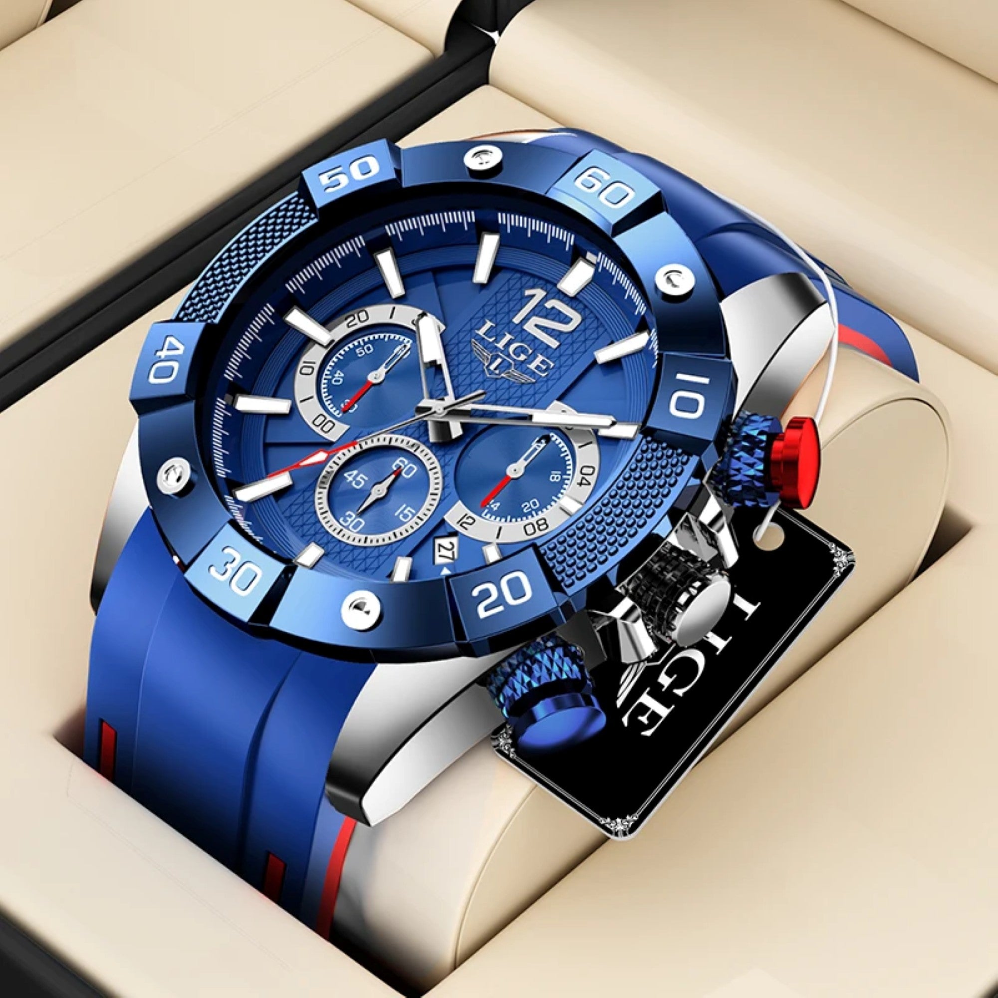 Blue wristwatch with detailed design on a beige cushion