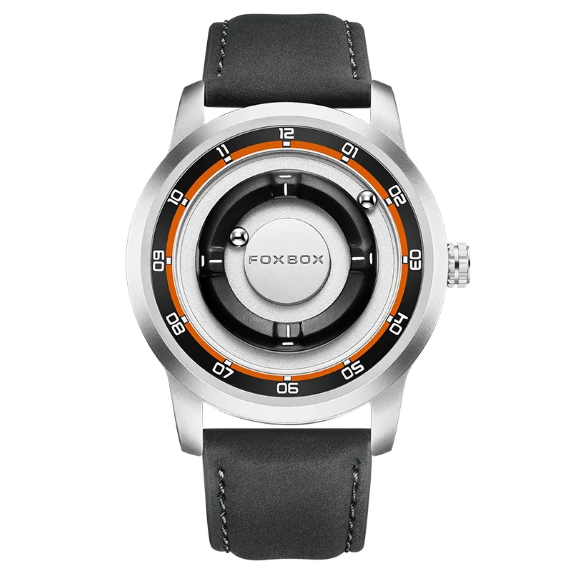 A silver-tone analog watch with a black leather strap, featuring a unique circular dial with black and orange accents and white numerals.