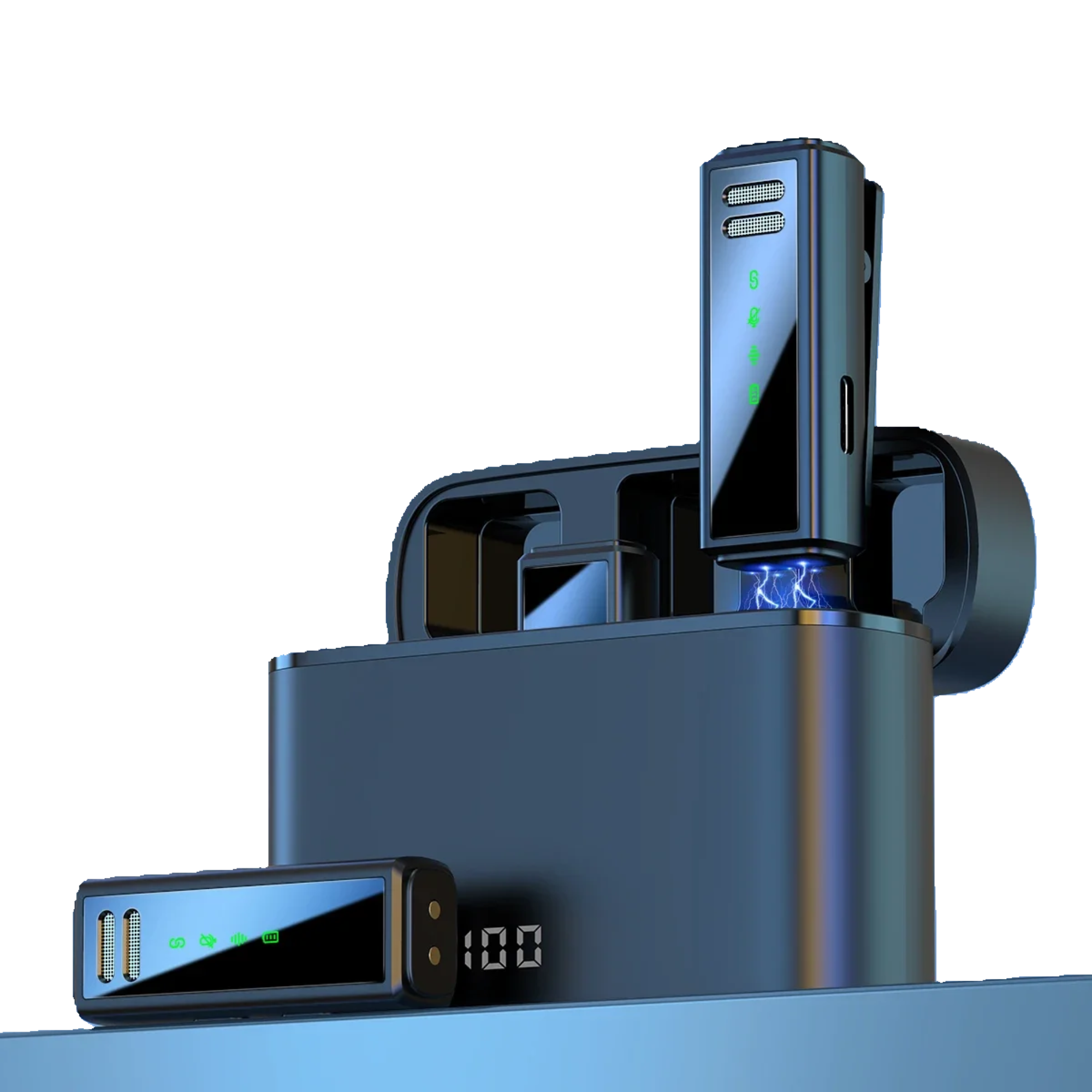 A wireless lavalier microphone with a charging box and a digital display showing battery life.