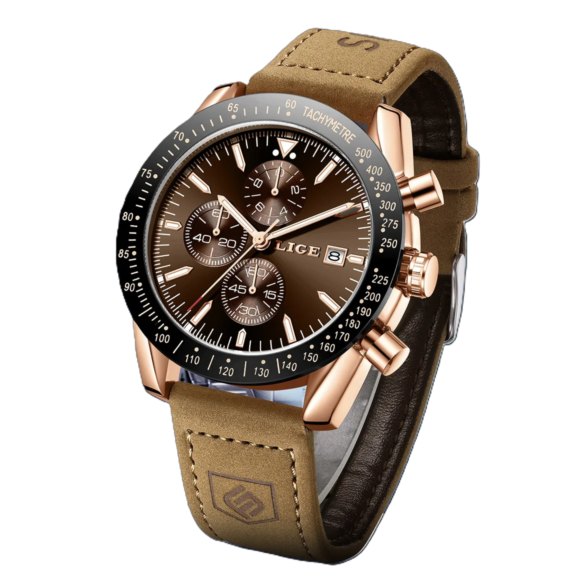 Brown watch with rose gold accents on a white background