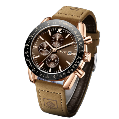 Brown watch with rose gold accents on a white background