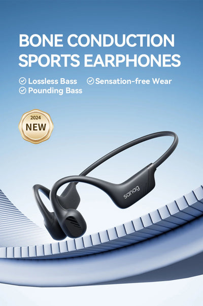Bone conduction sports earphones on a blue gradient background with feature highlights.