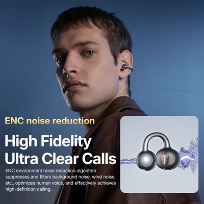 Person wearing wireless earbuds with text about ENC noise reduction and high fidelity calls on a blue background