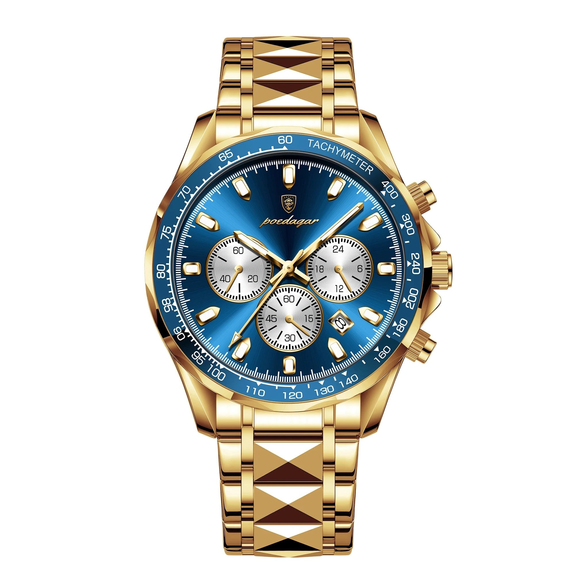 Gold watch with a blue face on a white background