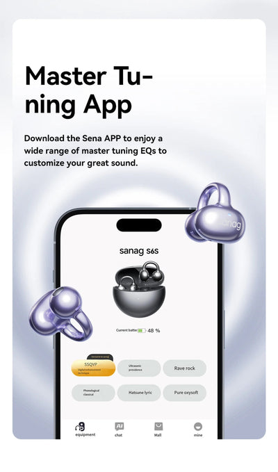 Promotional graphic for Sena earbuds with app download information on a white background