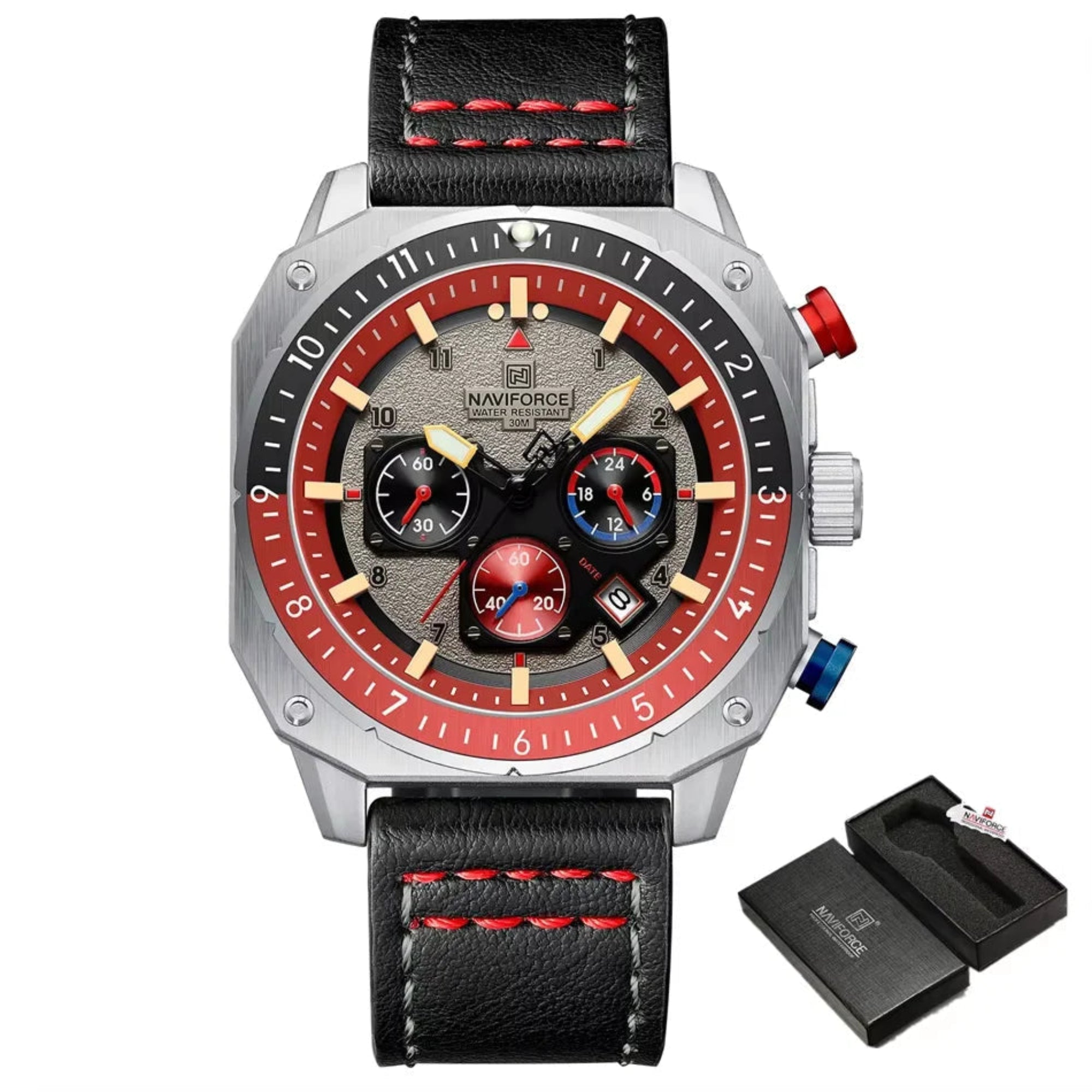 A multicolored sports multifunction waterproof watch for men with a leather band and a dial featuring luminous hands and a date display.