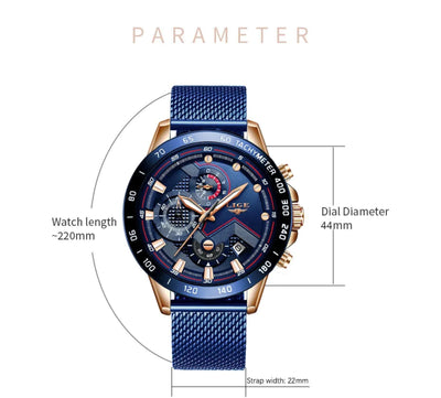 Blue watch with detailed specifications on a white background