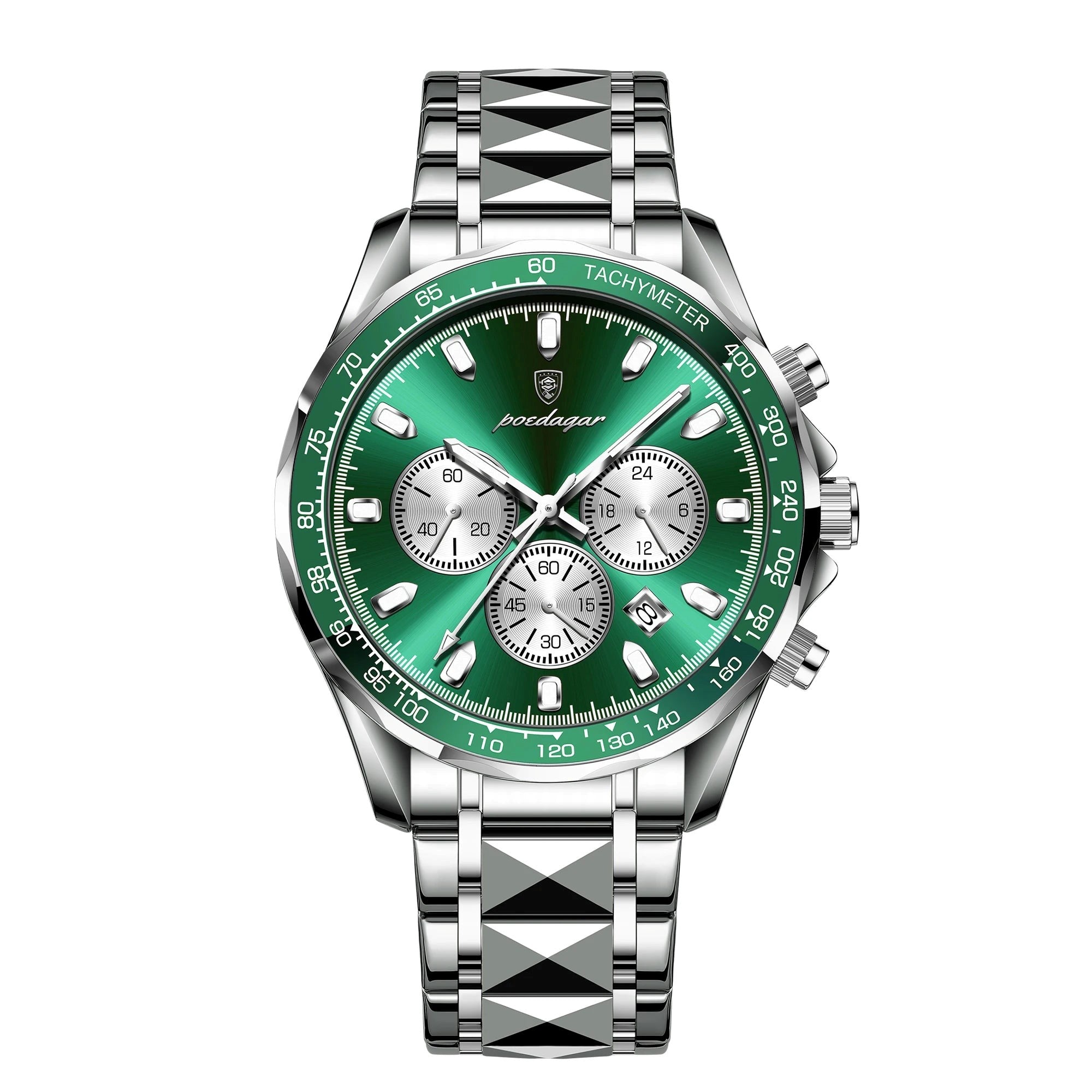 Green watch with silver strap on a white background