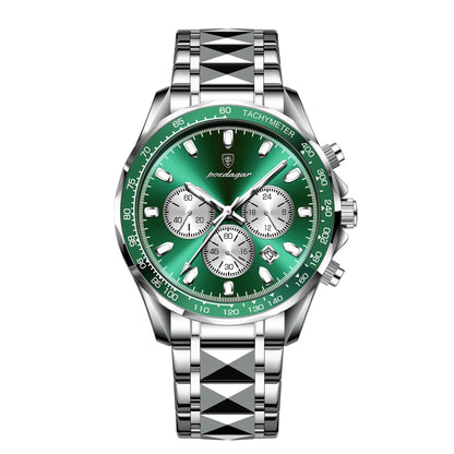 Green watch with silver strap on a white background