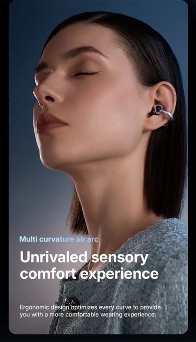 Woman wearing a wireless earbud with text about sensory comfort experience.
