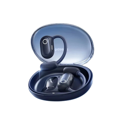 Wireless earbuds in a transparent blue case on a white background