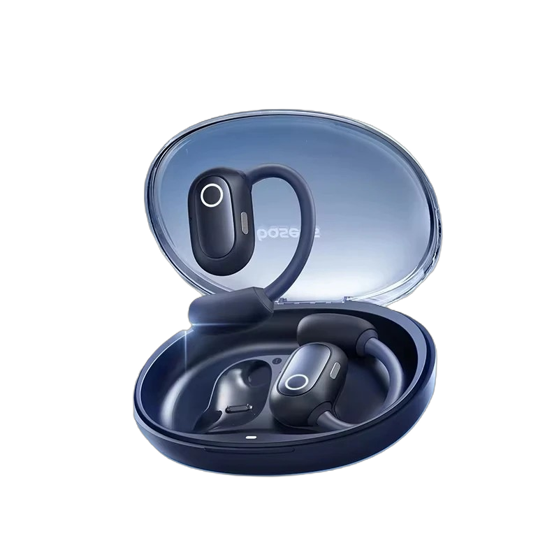 Wireless earbuds in a transparent blue case on a white background
