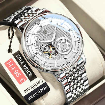Silver wristwatch with visible mechanism on a beige cushion, accompanied by a sale price tag and certificate.