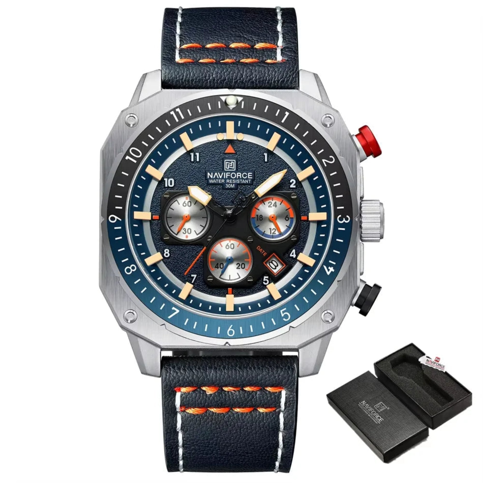 A multicolored sports multifunction waterproof watch for men with a leather band and a dial featuring luminous hands and a date display.