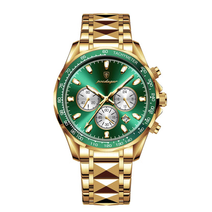 Gold watch with a green face on a white background