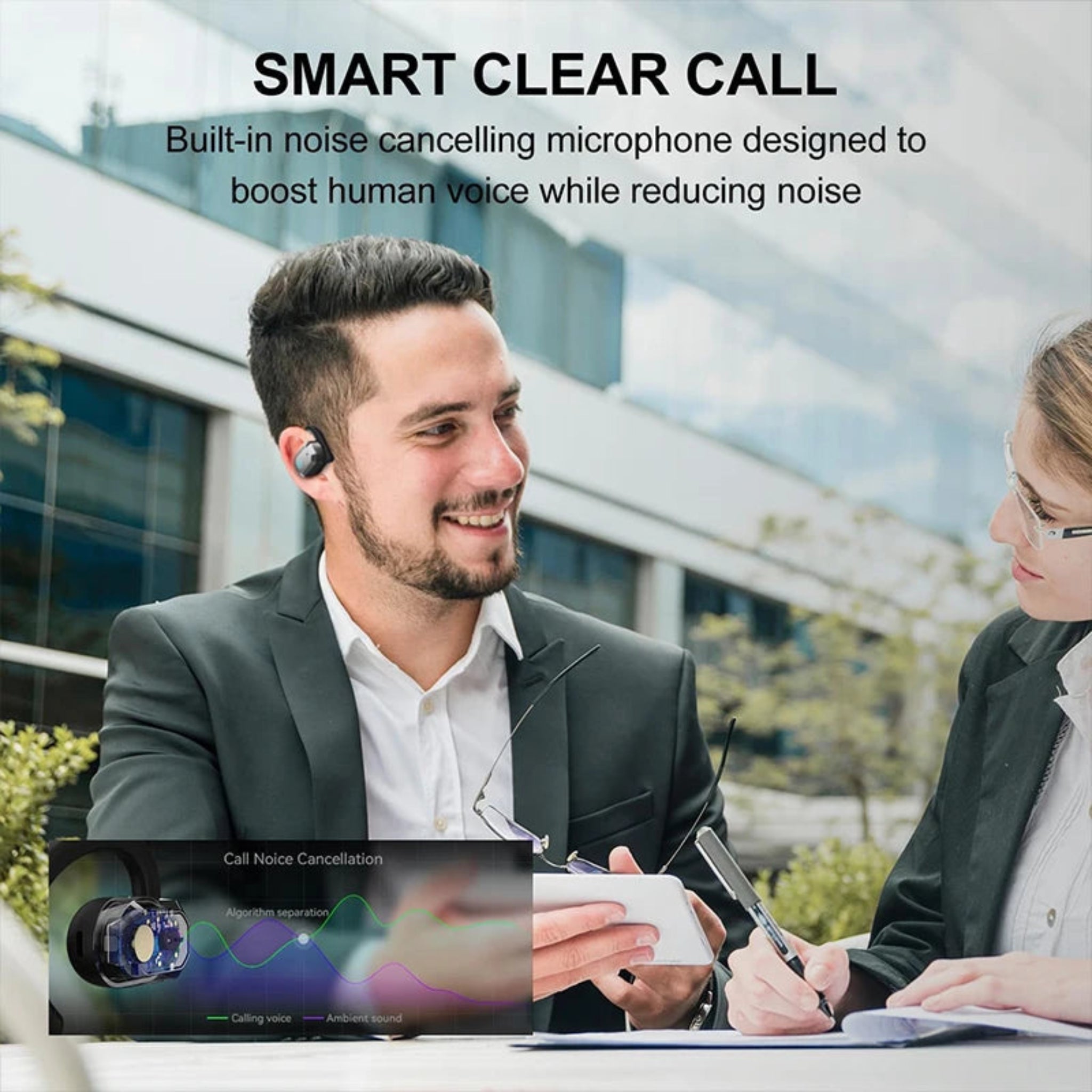 Two people engaged in a conversation with text about smart clear call technology.