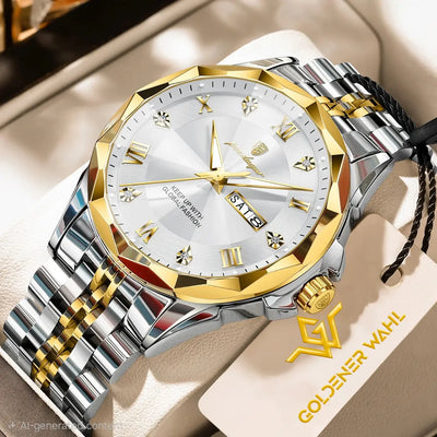 Goldener Wahl men's watch with a two-tone silver and gold stainless steel link bracelet, a gold bezel, and a white dial with gold Roman numerals and a date window.