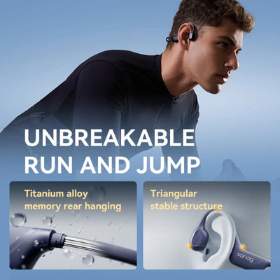 Person wearing earbuds with product features highlighted on a blue gradient background