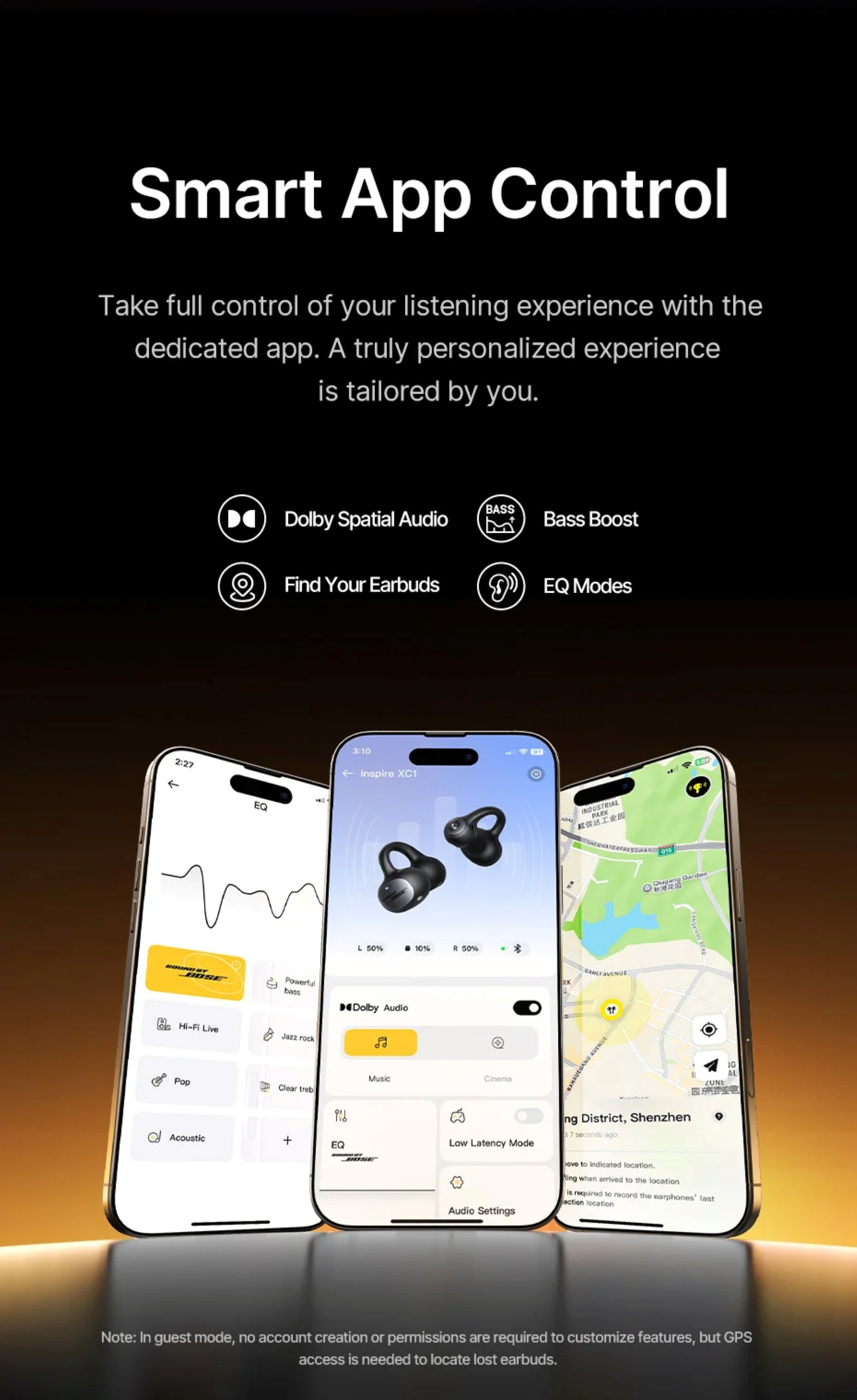Smart app control interface with smartphone screens displaying features on a black background