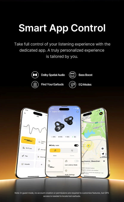 Smart app control interface with smartphone screens displaying features on a black background