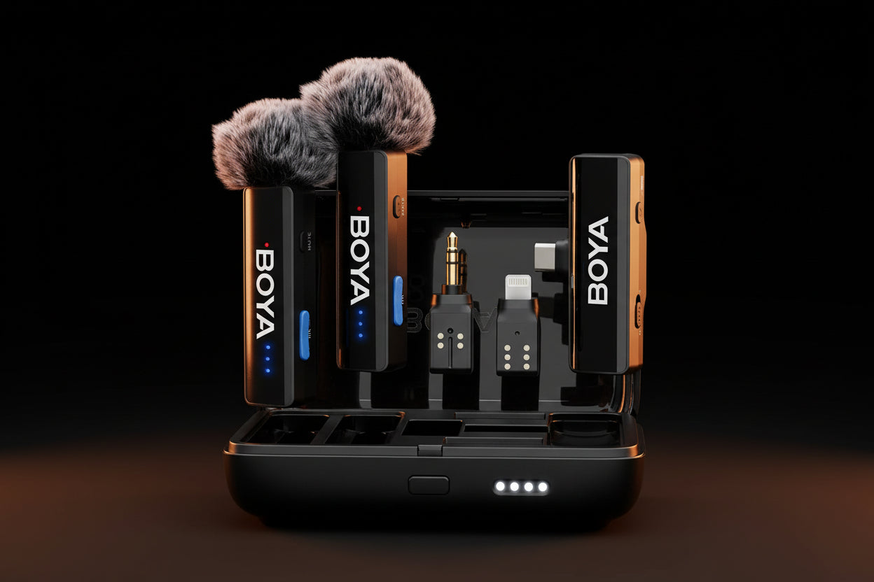 BOYA BOYALINK 2 wireless microphone system with two microphones and accessories on a white background.