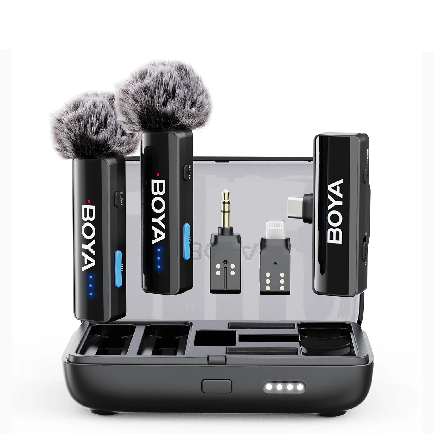 BOYA BOYALINK 2 wireless microphone system with two microphones and accessories on a white background.